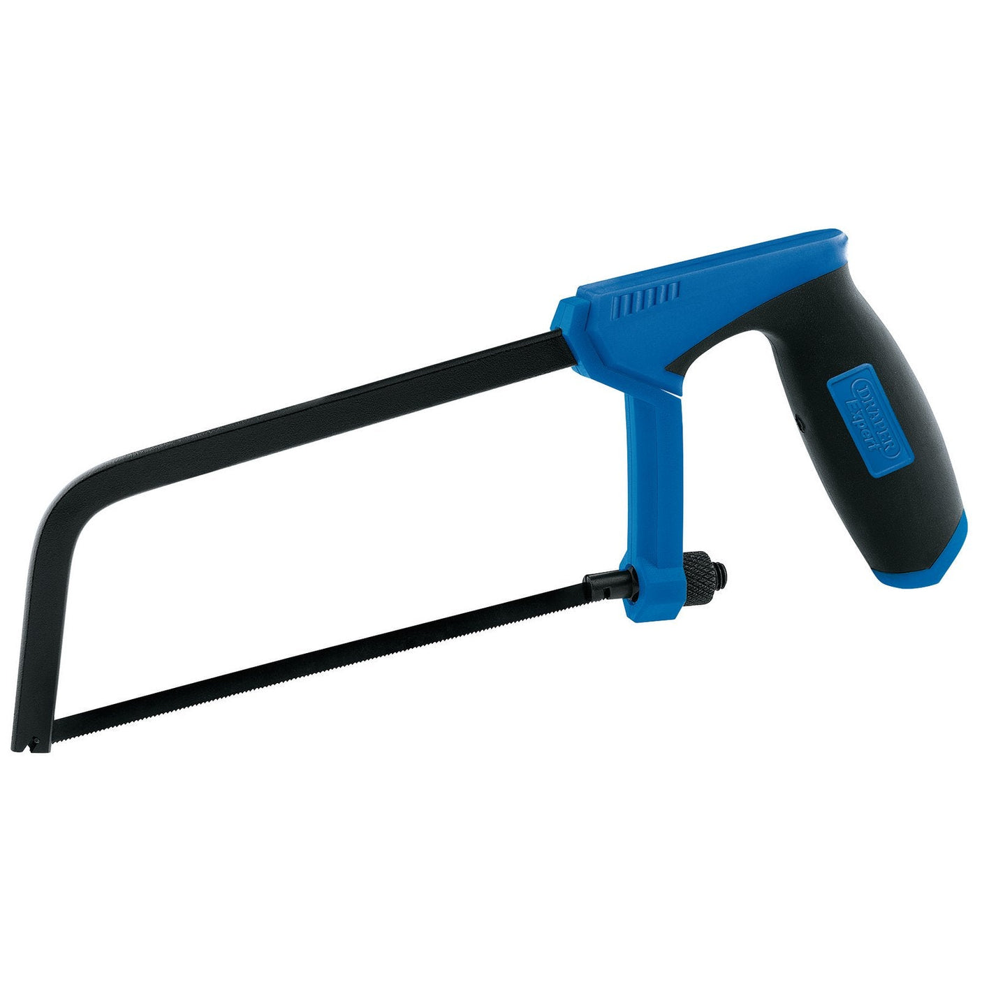 The Draper Expert Soft Grip Junior Hacksaw (Model 1311) features a 150mm, 24Tpi durable metal blade, a sturdy steel frame, and an ergonomic soft grip handle in blue and black.