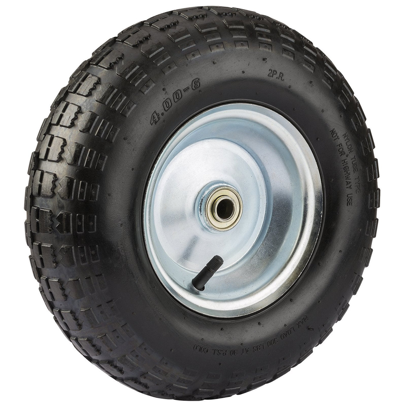 A black Draper Pneumatic Rubber Wheel with a treaded tire, metal hub, and inflation valve is shown. The tire size is marked as 320mm (4.00-6). For any questions before ordering, please contact our support team.