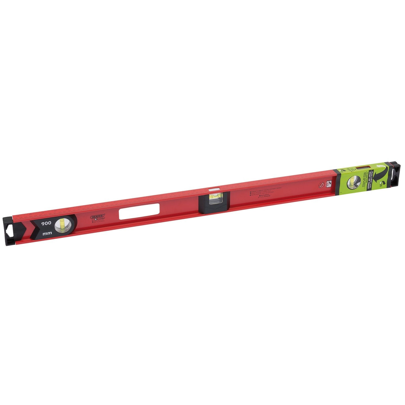 The Draper I-Beam Level 900mm - DL85 is a red spirit level equipped with shock-absorbing end caps and solid acrylic vials for checking both horizontal and vertical alignment.