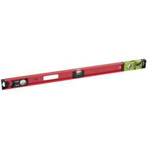 The Draper I-Beam Level 900mm - DL85 is a red spirit level equipped with shock-absorbing end caps and solid acrylic vials for checking both horizontal and vertical alignment.