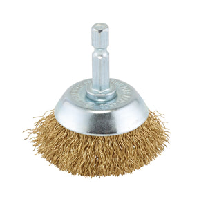 The Draper Wire Cup Brush, 40mm - WBCS1 features hardened brassed steel wire and a non-slip hex shank attachment.