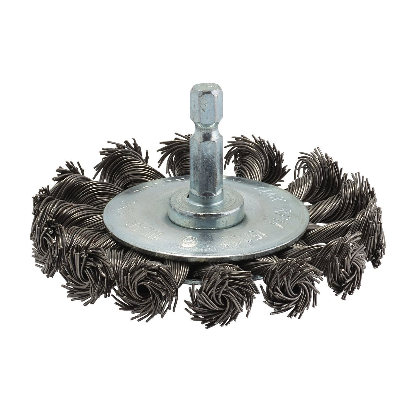 The Draper Steel Twist-Knot Wire Wheel Brush, model WBWS4, features a 75mm diameter with twisted bristles and a hexagonal shank, making it ideal for heavy-duty deburring and cleaning tasks.