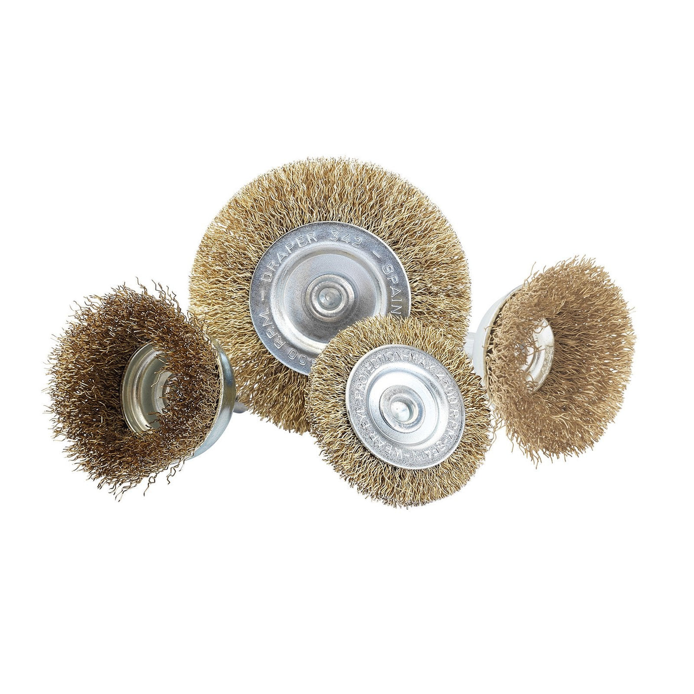 Four Draper wire brushes from the Draper Countertop Display Of Cup And Rotary Wire Brushes - WW-ASTC, each with a 6mm integral shank, varying in size and featuring a metallic center with densely packed bristles, arranged together against a plain white background.