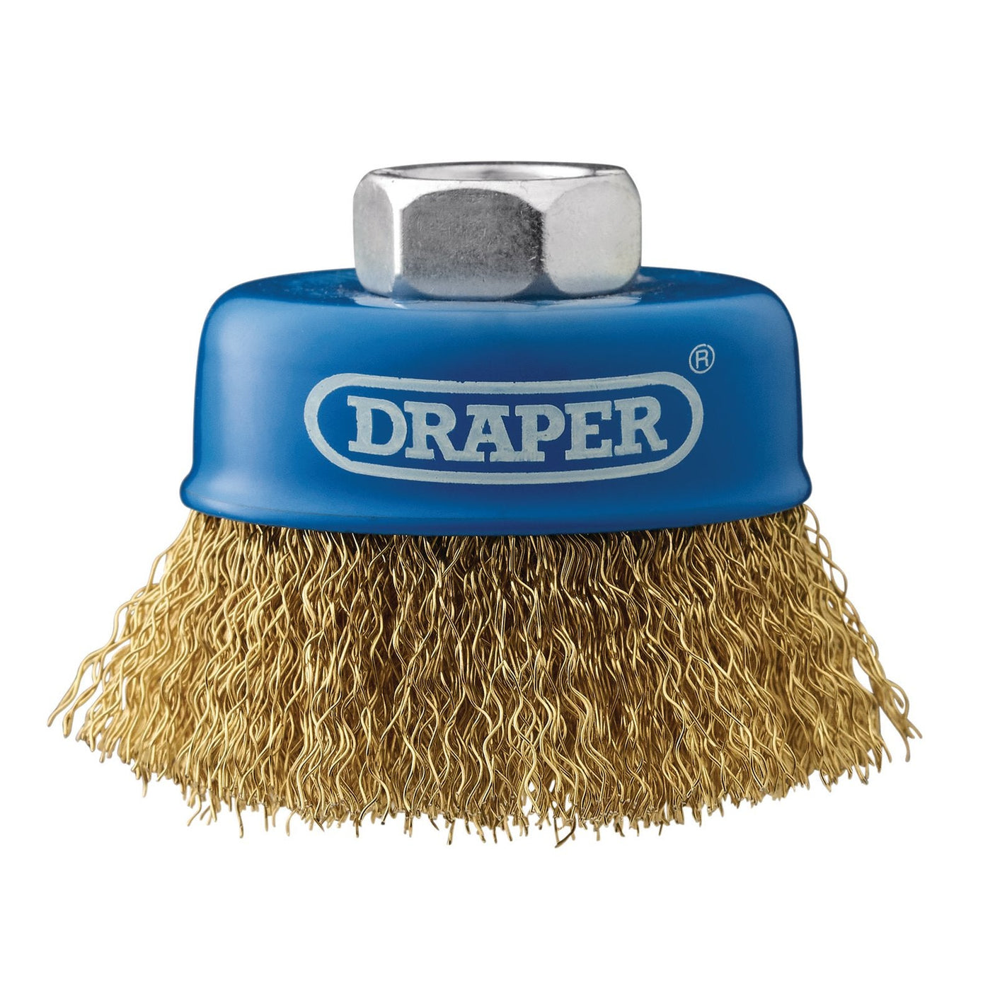 A Draper-branded wire cup brush, 65mm in diameter, featuring crimped brassed steel wire bristles and an M14 hexagonal fitting, ideal for use with angle grinders.