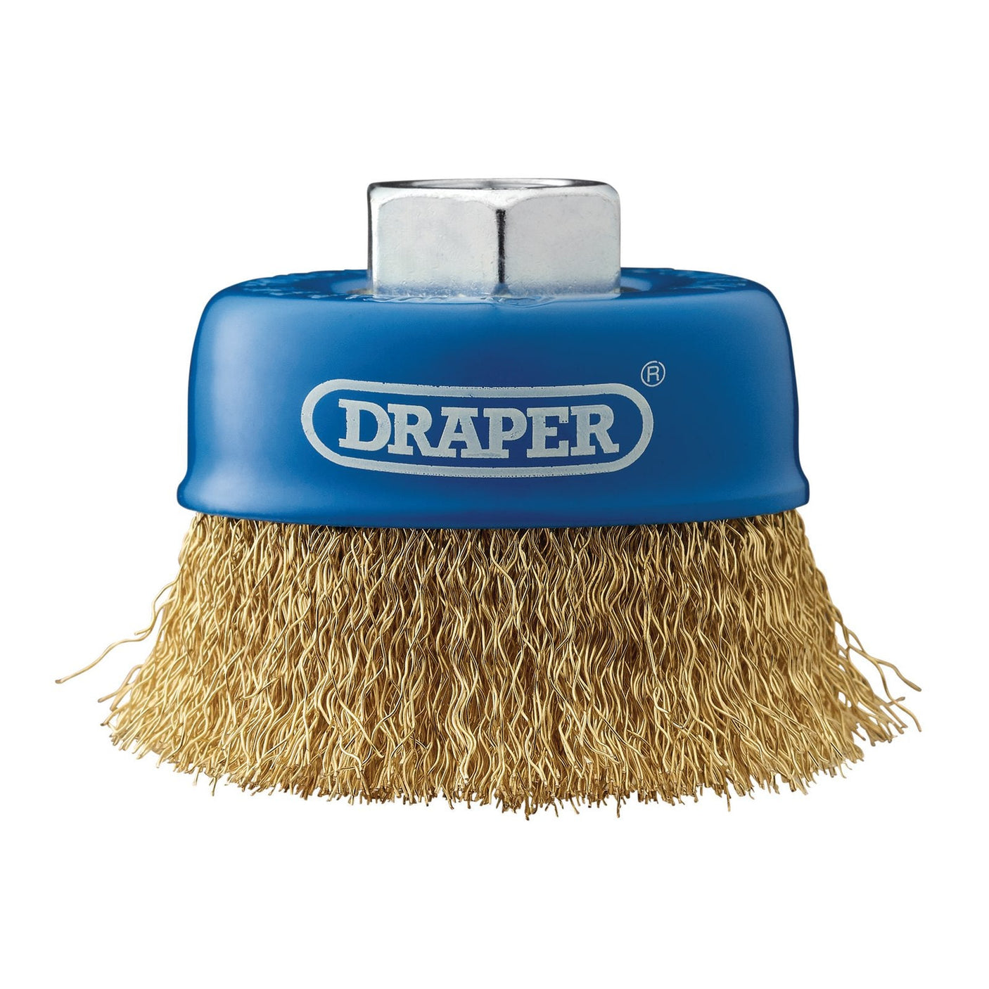 The Draper Brassed Steel Crimped Wire Cup Brush, 75mm, M14 - WBC2 features a hexagonal mount and is designed for removing burrs, rust, and paint. It boasts hardened dipped brass steel wire for enhanced durability.