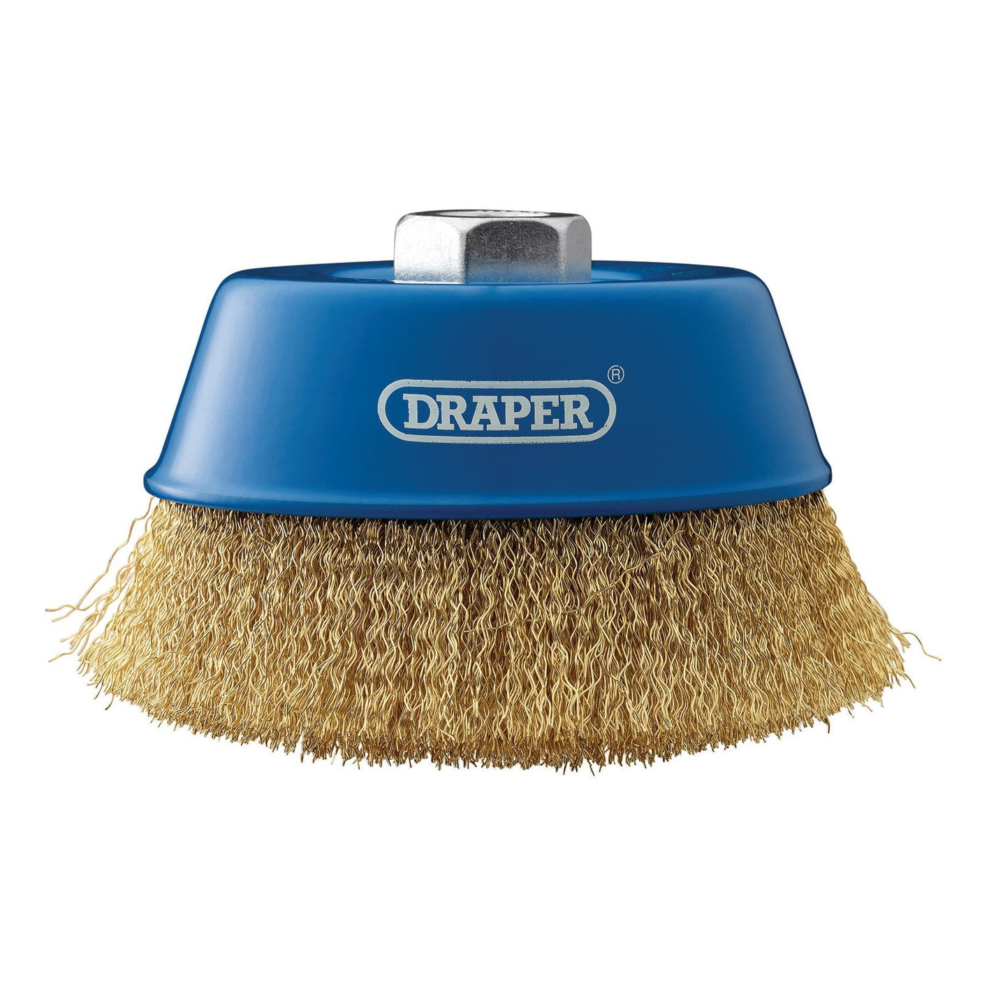 The Draper Brassed Steel Crimped Wire Cup Brush, 125mm, M14 - WBC4, featuring brass bristles and a hexagonal nut on top, is perfect for use with angle grinders.