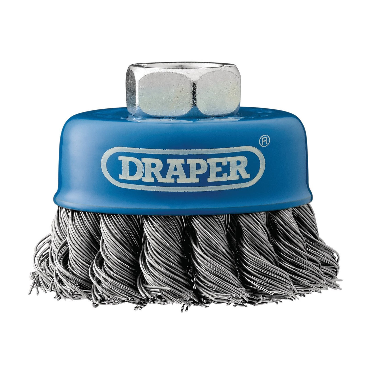 The Draper Steel Twist-Knot Wire Cup Brush, 65mm, M14 - WBC5 is a high-performance tool equipped with twisted metal bristles for aggressive stock removal or surface polishing. Designed with a hexagonal nut on top, it fits perfectly with angle grinders for efficient use.