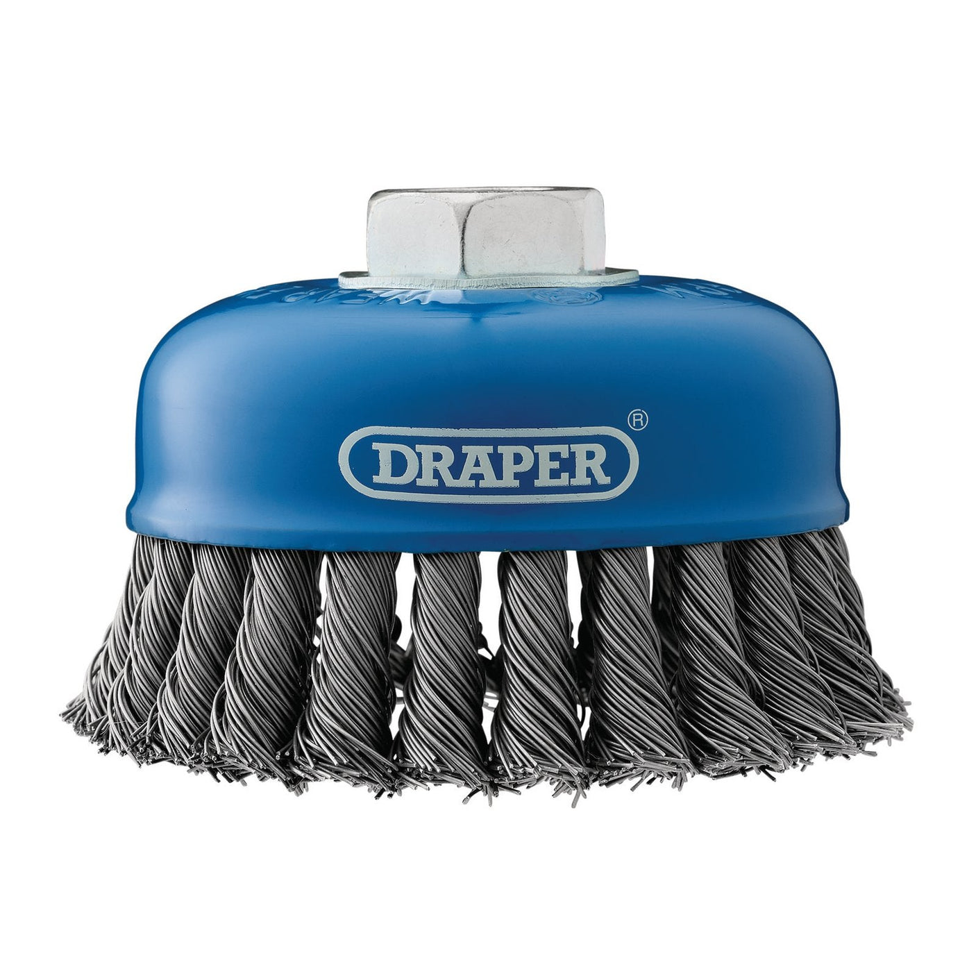 The Draper Steel Twist-Knot Wire Cup Brush, 100mm, M14 - WBC7 features blue twist-knot wire bristles and a central bolt. Ideal for angle grinders, it is designed for heavy-duty stock removal.