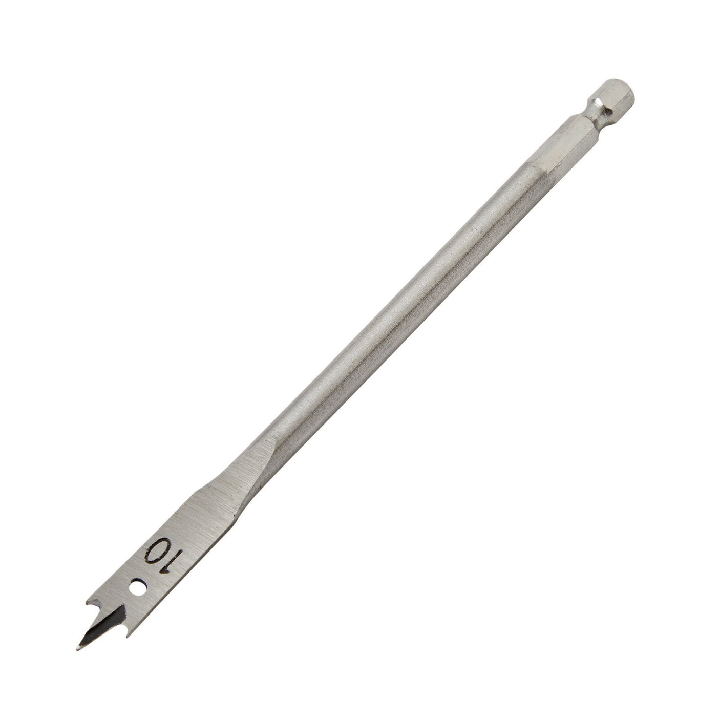 The Draper Flat Wood Drill Bit, 10mm - FB100PB, from the reputable brand Draper, features a hex shank and a flat, pointed tip designed for drilling large holes in wood. Crafted from hardened tempered carbon steel, it ensures long-lasting durability.