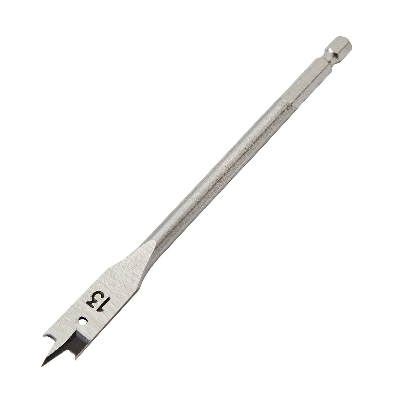 The Draper Flat Wood Drill Bit, 13mm - FB100PB, is a metallic drill bit crafted from hardened and tempered carbon steel featuring a hex shank and a precision double ground tri-point tip.