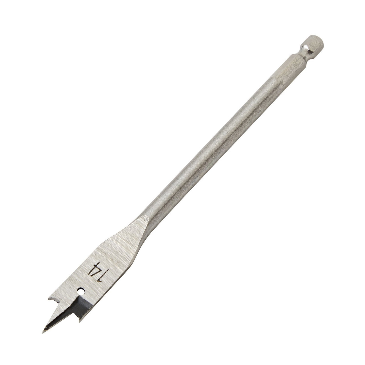 The Draper Flat Wood Drill Bit, 14mm - FB100PB, crafted from hardened tempered carbon steel, features a precision double ground tri-point metal spade with a flat, paddle-shaped blade engraved with "14" and a hexagonal shank.