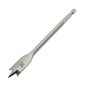 The Draper Flat Wood Drill Bit, 16mm - FB100PB, by Draper, features a hex shank and is crafted from hardened tempered carbon steel, with precision double ground tri-point tips designed for efficient wood drilling.