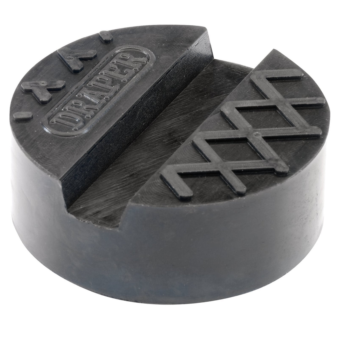 The Draper Trolley Jack Rubber Pad, Small - TJP1 is a round, black rubber jack pad featuring two different textured sections for lifting vehicles and ensuring sill protection when used with trolley jacks.