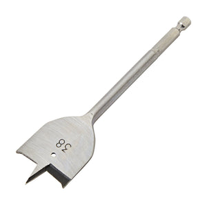 The Draper Flat Wood Drill Bit, 38mm - FB100PB, features a hex shank and a wide, flat cutting head with "38" engraved on it. Made from hardened and tempered carbon steel for durability, this bit is ideal for making large holes in wood.