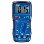 A Draper 200 Series Manual Ranging Digital Multimeter, 600V, Ac/Dc - DMM200 in blue and black, features a backlit LCD screen displaying a reading of 015 with the rotary knob set to measure voltage.