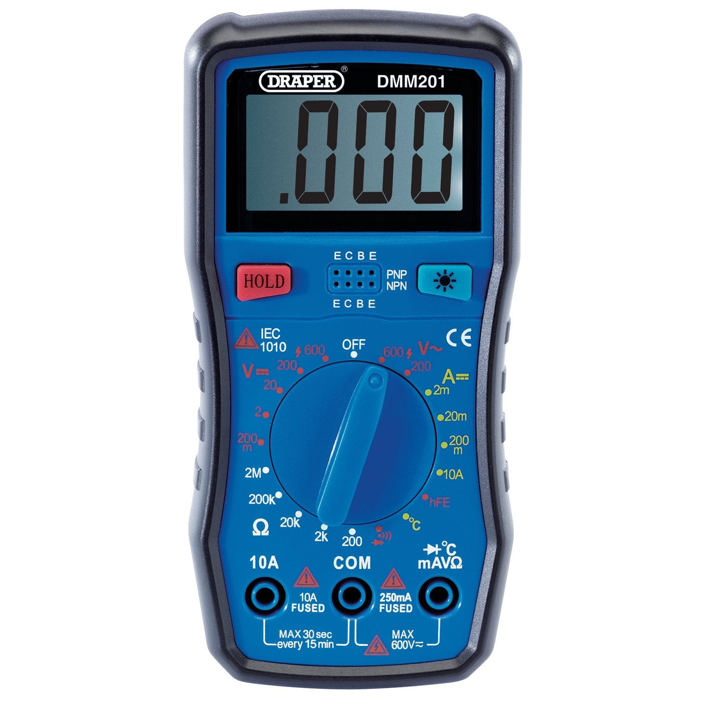 The Draper Manual-Ranging Digital Multimeter (DMM201) in blue displays "0.000" on the screen, featuring various measurement settings, a central dial, and resistance testing capabilities.