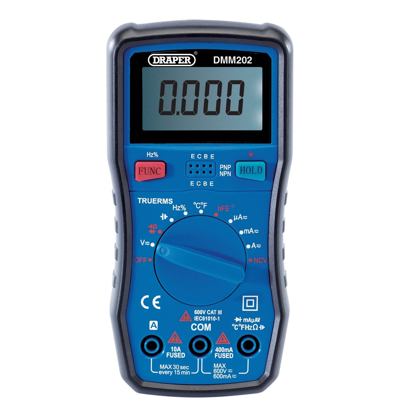 A Draper Auto-Ranging Digital Multimeter with a blue casing and a large backlit LCD screen displaying "0.000". Various buttons and a rotary switch for different measurement functions are visible. The model is labeled "DMM202" and features TRMS 5999 counts for precise readings.