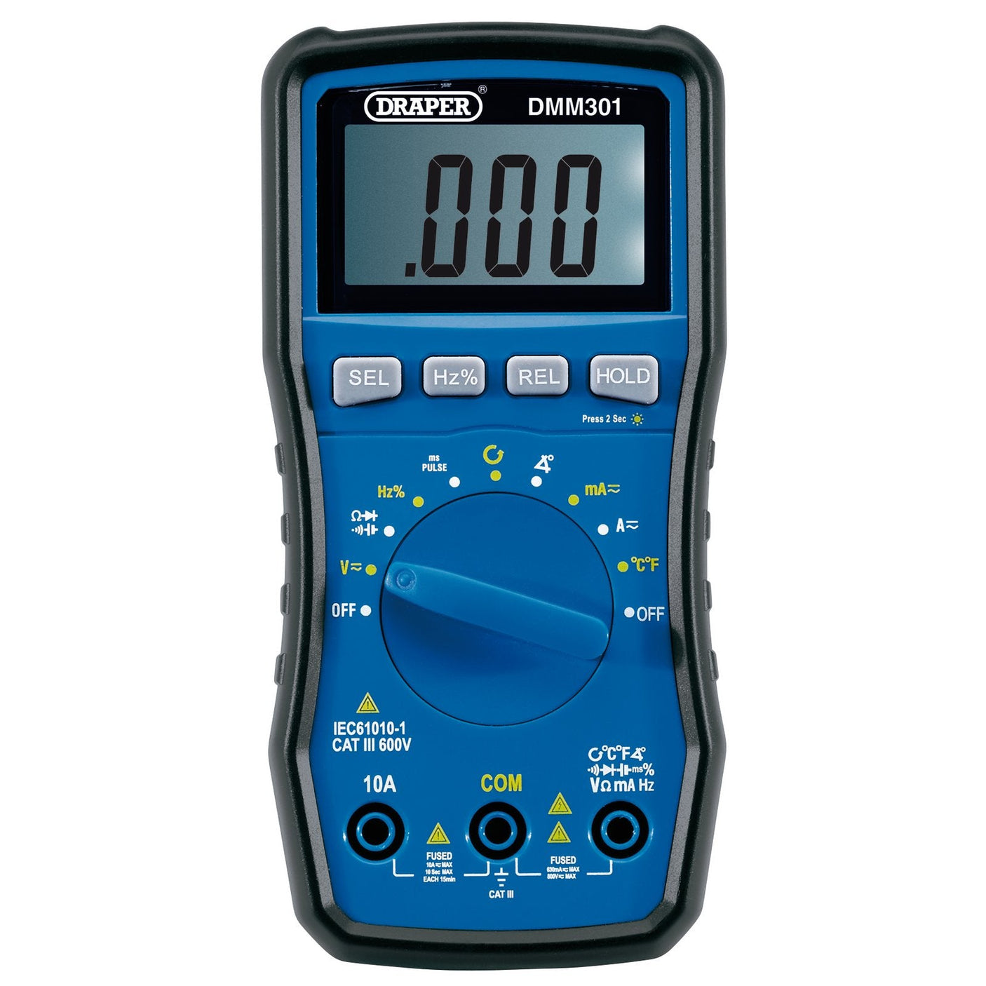 The Draper Automotive Digital Multimeter DMM301, featuring a blue and black design, comes with a large display showing 0.00. It includes several buttons, a central dial for selecting different measurement modes, and built-in continuity testing for quick circuit checks. Additionally, it comes with 1 temperature probe and 1 inductive clamp for enhanced functionality.