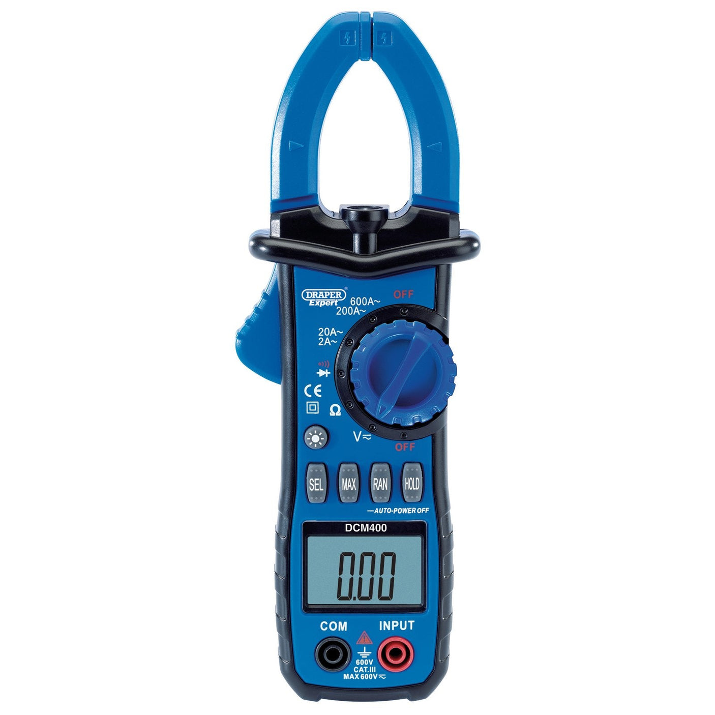 A blue and black Draper Manual-Ranging Digital Clamp Meter - DCM400 displays a reading of 0.00. It includes a rotary dial, function buttons, an LCD display screen, and is ideal for voltage testing.