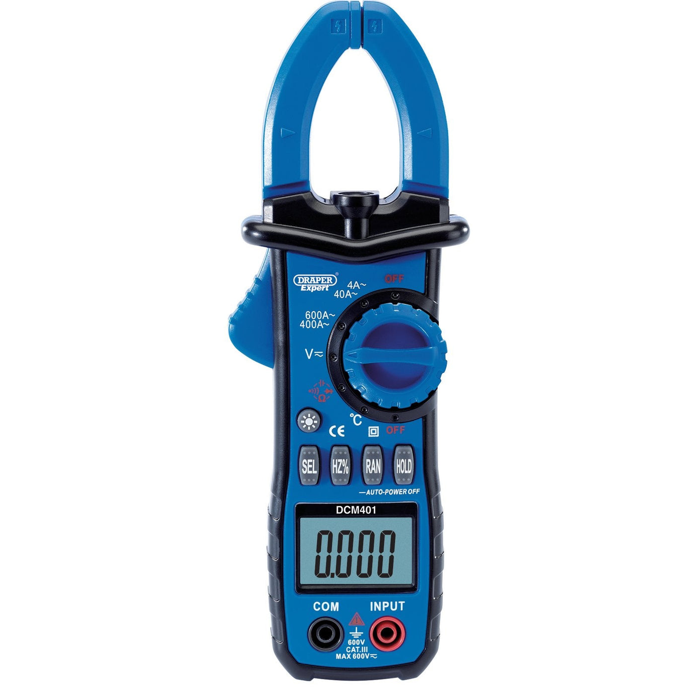 The Draper Auto-Ranging Digital Clamp Meter - DCM401 is a blue and black device featuring a backlit LCD display, multiple setting buttons, and a rotating dial for different measurement modes. It is ideal for voltage testing.