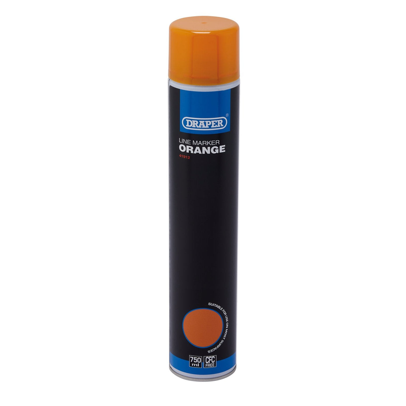 A 750ml aerosol can of Draper Line Marker Spray Paint in orange (HGA-LO), featuring quick-drying paint for permanent line marking on various surfaces.