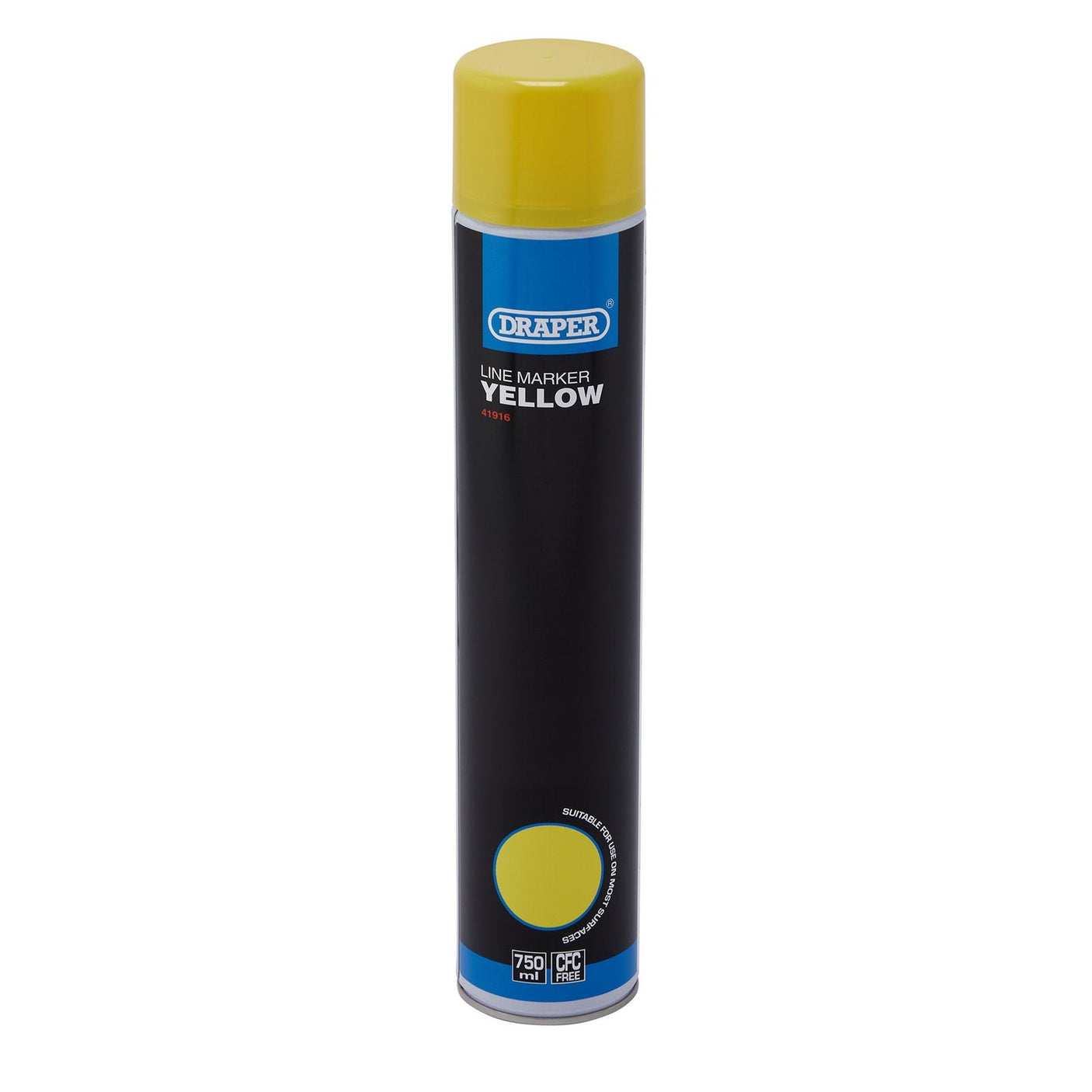 The Draper Line Marker Spray Paint, 750ml, Yellow - HGA-LY, from the renowned brand Draper, features a black label with blue and white text and a yellow cap. This can is ideal for marking on asphalt, concrete, and grass surfaces. It offers quick-drying and permanent line marking solutions.