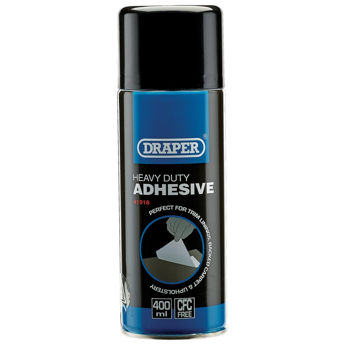 A can of Draper Heavy Duty Spray Adhesive, 400 ml - HGA-AD, is labeled as perfect for trim and laminated surfaces, offering good initial strength and being CFC-free.