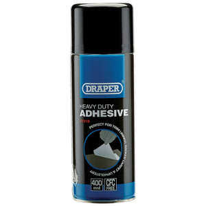 A can of Draper Heavy Duty Spray Adhesive, 400 ml - HGA-AD, is labeled as perfect for trim and laminated surfaces, offering good initial strength and being CFC-free.