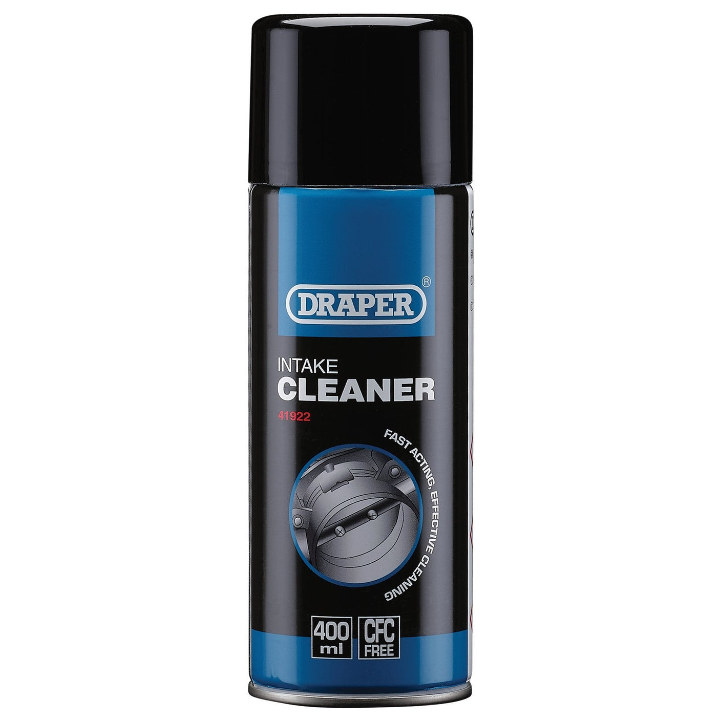 A can of Draper Carburettor And Injector Cleaner, 400Ml - HGA-IJ with a black and blue label, showing 400ml capacity and "CFC free" feature. The front label also includes an image of an intake mechanism, ideal for cleaning carburettors and injectors.