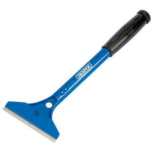 Introducing the Draper Heavy Duty Soft Grip Stripper/Scraper, 300mm - HDSS: a blue and black tool featuring a long-handled scraper with a soft grip handle for comfort and a durable metal blade, proudly branded with the word "Draper.