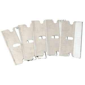 A pack of five Draper Spare Blades for 41934 (WSSG-SB), featuring metal razor blades with rectangular cutouts in the middle, displayed on a white background.