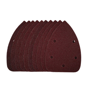 A stack of ten red triangular Draper Detail Sanding Sheets with 40 grit, each measuring 140mm and featuring perforated holes for dust extraction, arranged neatly against a white background.