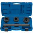 A Draper Track Rod Removal Tool Kit (4 Piece) - TRRT-4PC featuring a blue hard plastic case with various black cylindrical tools and fittings, including interchangeable heads for mechanical or automotive use.