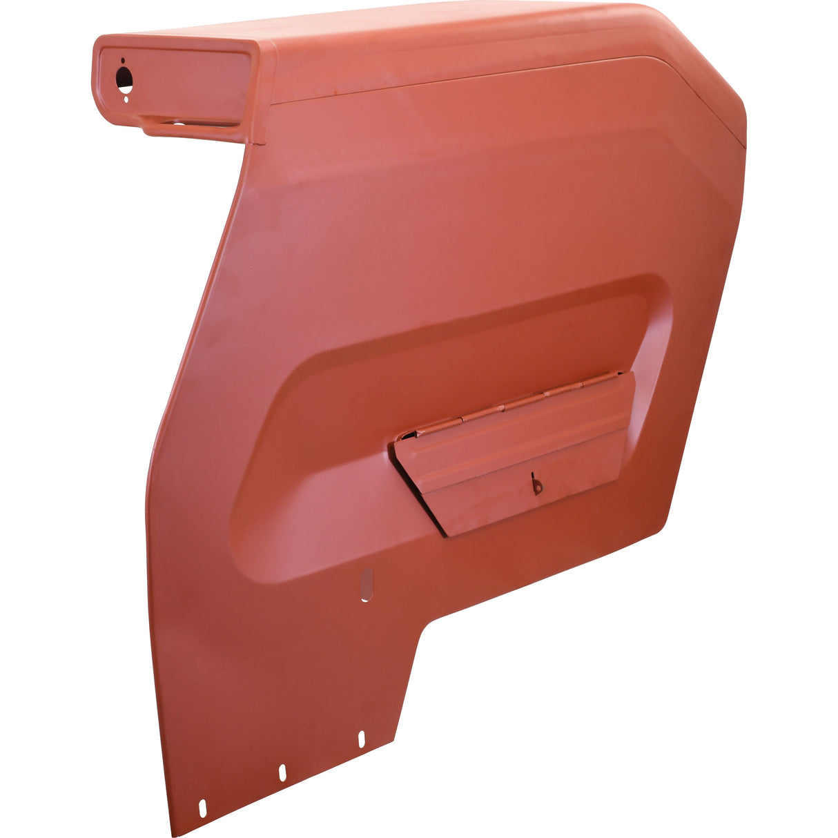 A large, rust-colored metal panel with a rectangular recessed area and an attached flap at the center, reminiscent of a classic Massey Ferguson fender, such as the Fender (with Tool Box) - RH | Sparex Part No.S.42446 by Sparex.