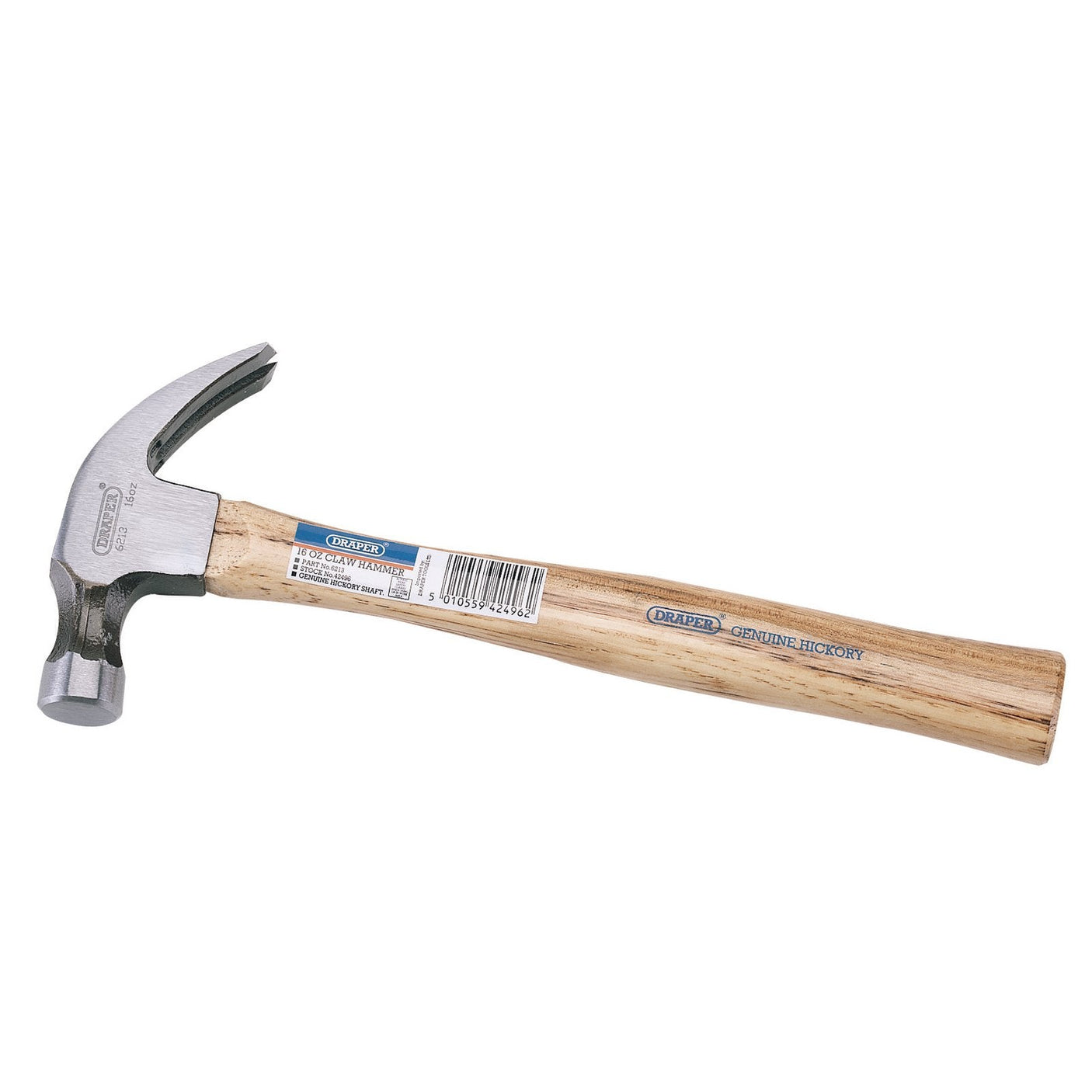 The Draper Hickory Shaft Claw Hammer, 450G/16Oz - 6213, features a wooden hickory shaft and a high carbon steel head with rust protection for durability. It rests on a plain, white background and includes a barcode and Draper brand label attached to the handle.