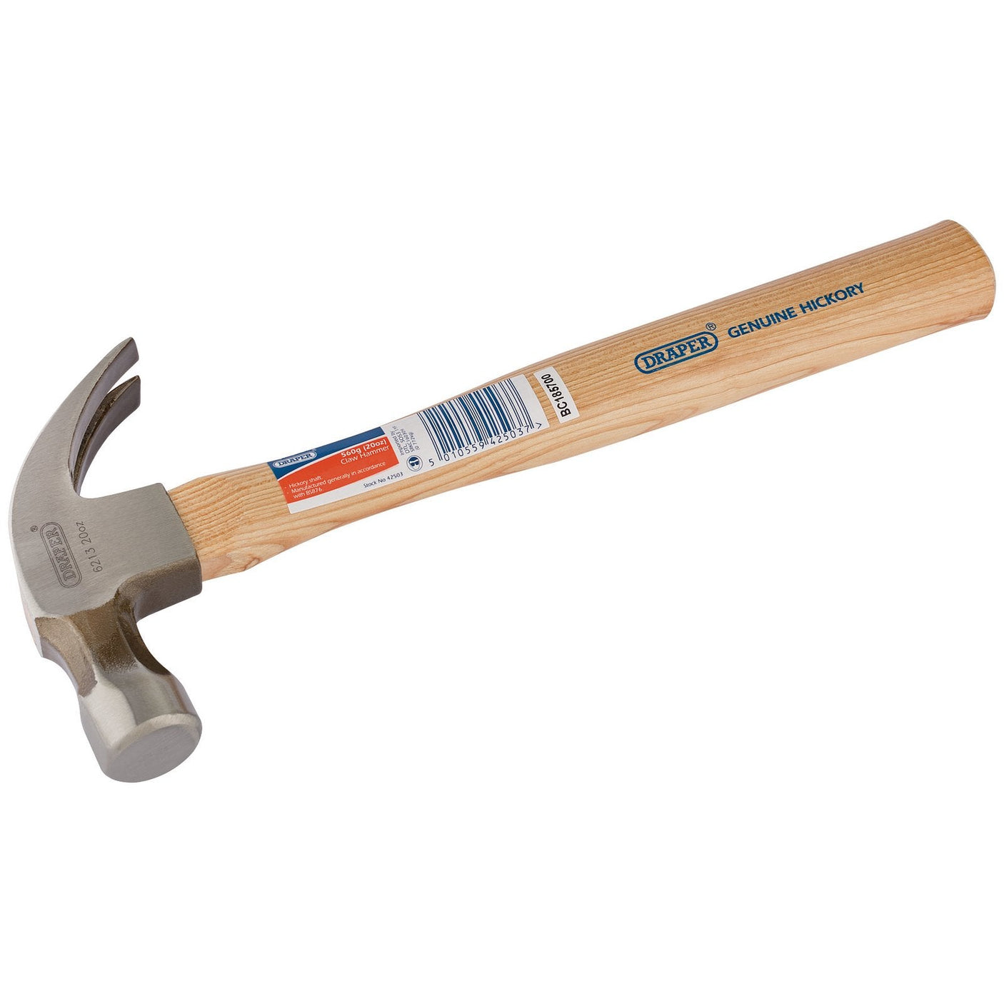 The Draper Hickory Shaft Claw Hammer, 560G/20Oz - 6213 features a natural hickory shaft and a polished face solid forged head, proudly displaying the brand name "Draper" and the label "Genuine Hickory.