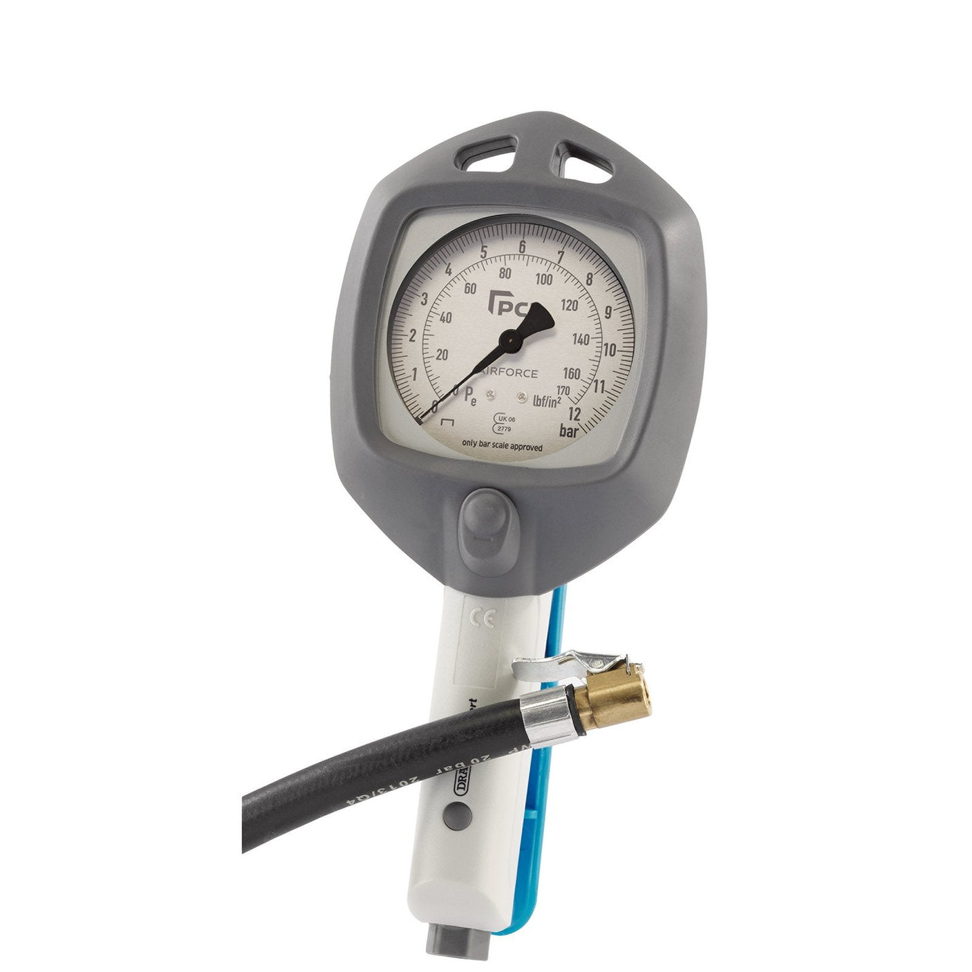 The Draper Pcl Airforce Analogue Tyre Inflator - TI AIRFORCE is a precision pressure measurement tool featuring a black hose and brass coupling, displaying readings in both psi and bar.