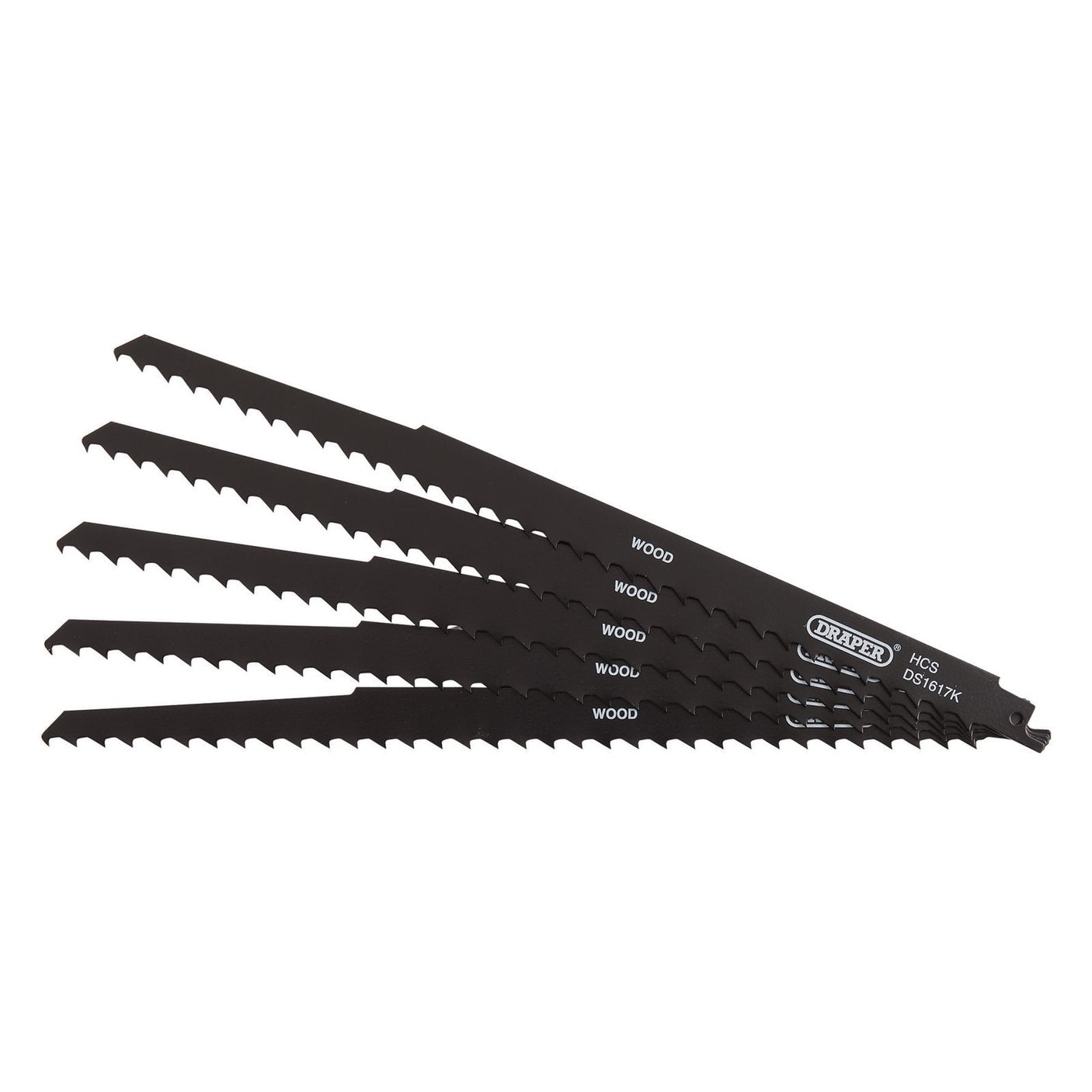 A pack of five Draper reciprocating saw blades, 300mm in length and featuring a 3Tpi configuration, designed for pruning and coarse cutting of wood and plastic.