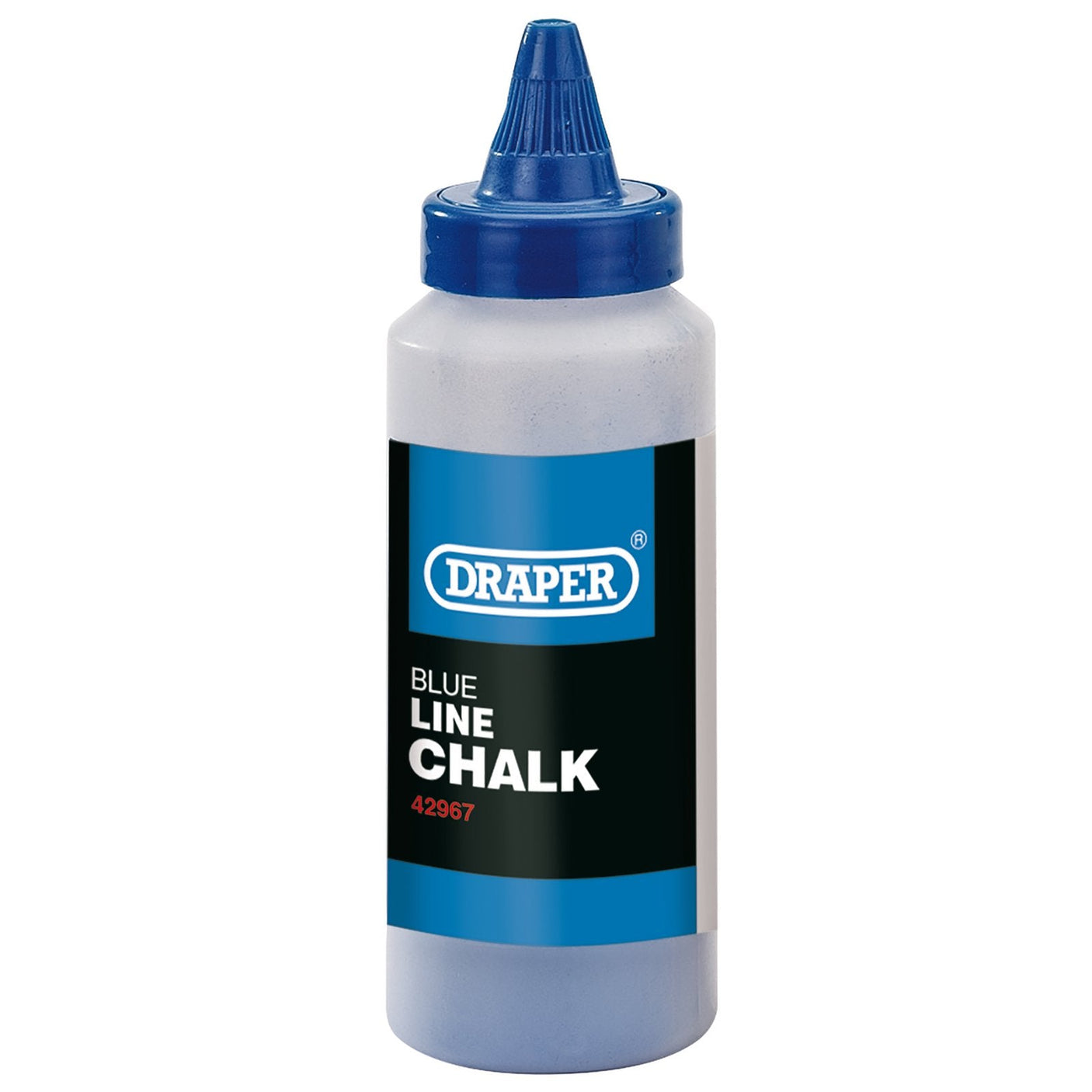 A 115g plastic bottle of Draper blue chalk for chalk lines, featuring a blue cap and a black label indicating the brand name, product description, and item number LCB/H; ideal for precise chalk lines.