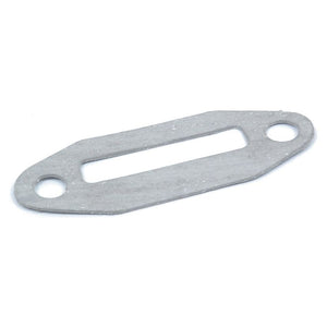 A product called the Gasket By-Pass Outlet (Sparex Part No. S.42967) from Sparex is a flat, rectangular metal piece with two circular holes on each end and a narrow rectangular cutout in the center, often used in Massey Ferguson tractors.