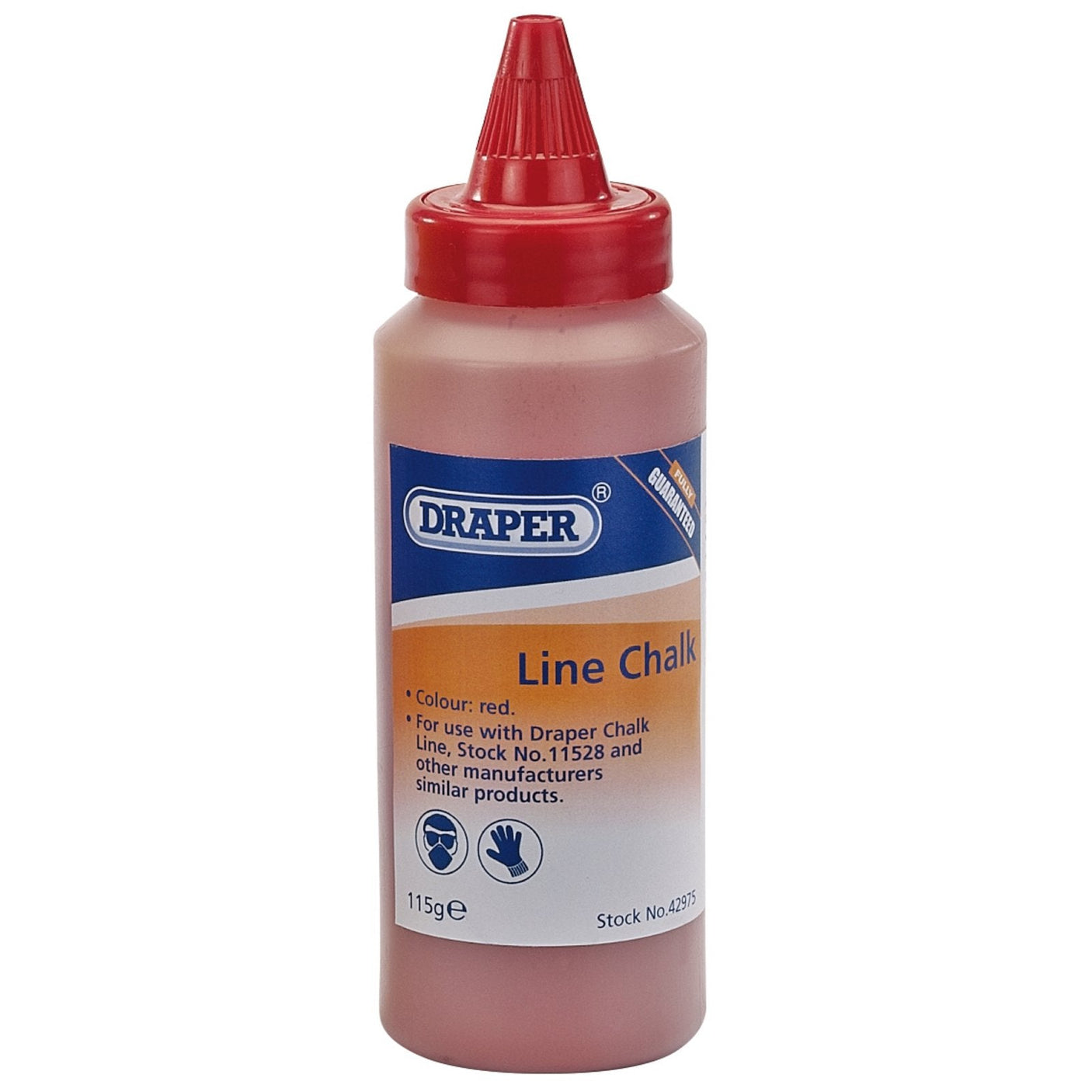 A bottle of Draper Plastic Bottle Of Red Chalk For Chalk Line, ideal for creating crisp chalk lines. The label indicates it is red, weighs 115g, and is suitable for use with Draper Chalk Line and similar products. The bottle has a red cap and is made of durable plastic.