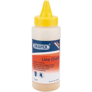 A bottle of Draper Plastic Bottle Of Yellow Chalk For Chalk Line, 115G - LCY/H features a yellow cap and label displaying product information and manufacturing details. This convenient chalk includes a funnel for easy filling and is available in three colors.