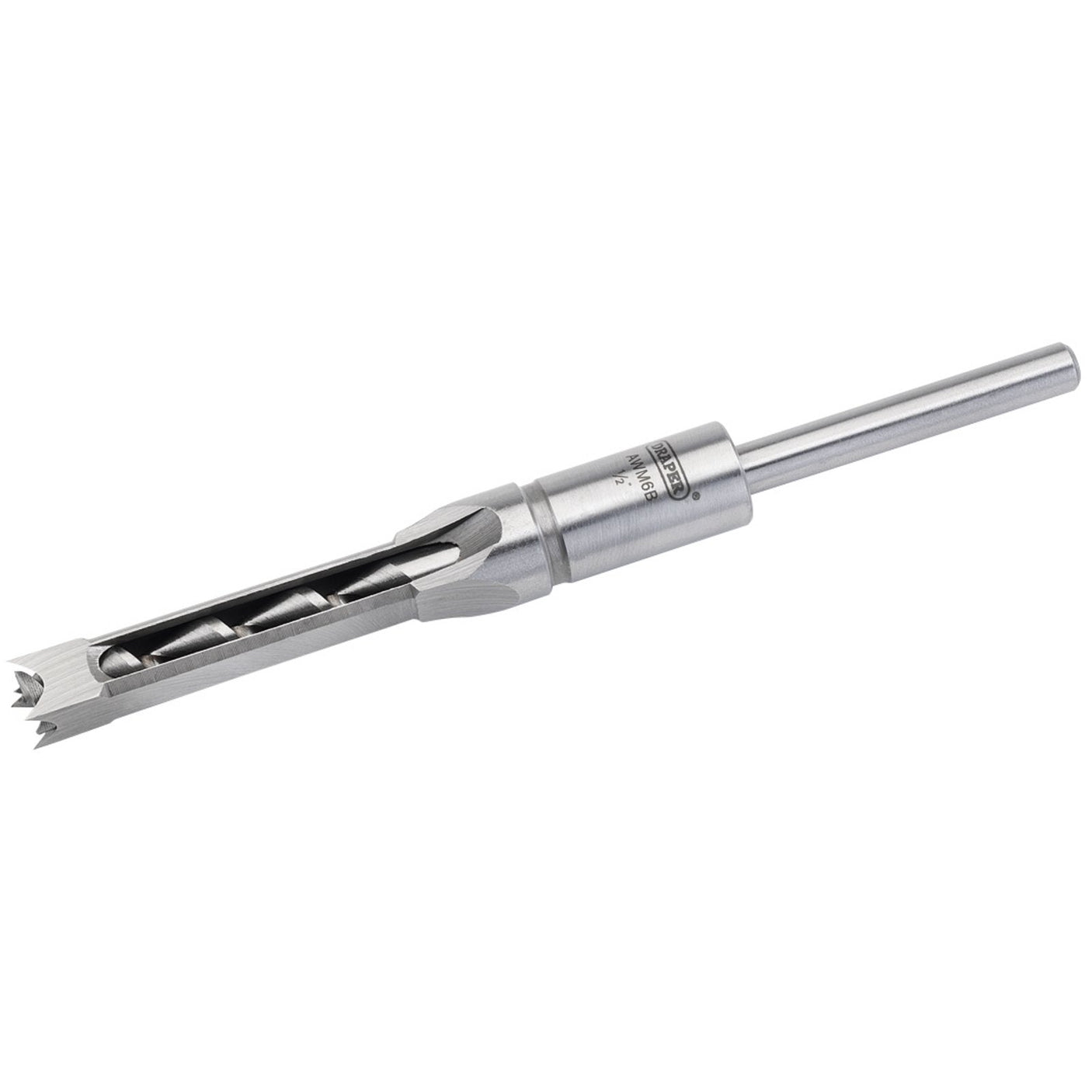 The Draper Mortice Chisel And Bit, 1/2", 13/16" - AWM6B features a cylindrical shank and honed cutting edges made from high carbon steel, making it perfect for creating precise square holes in woodworking.