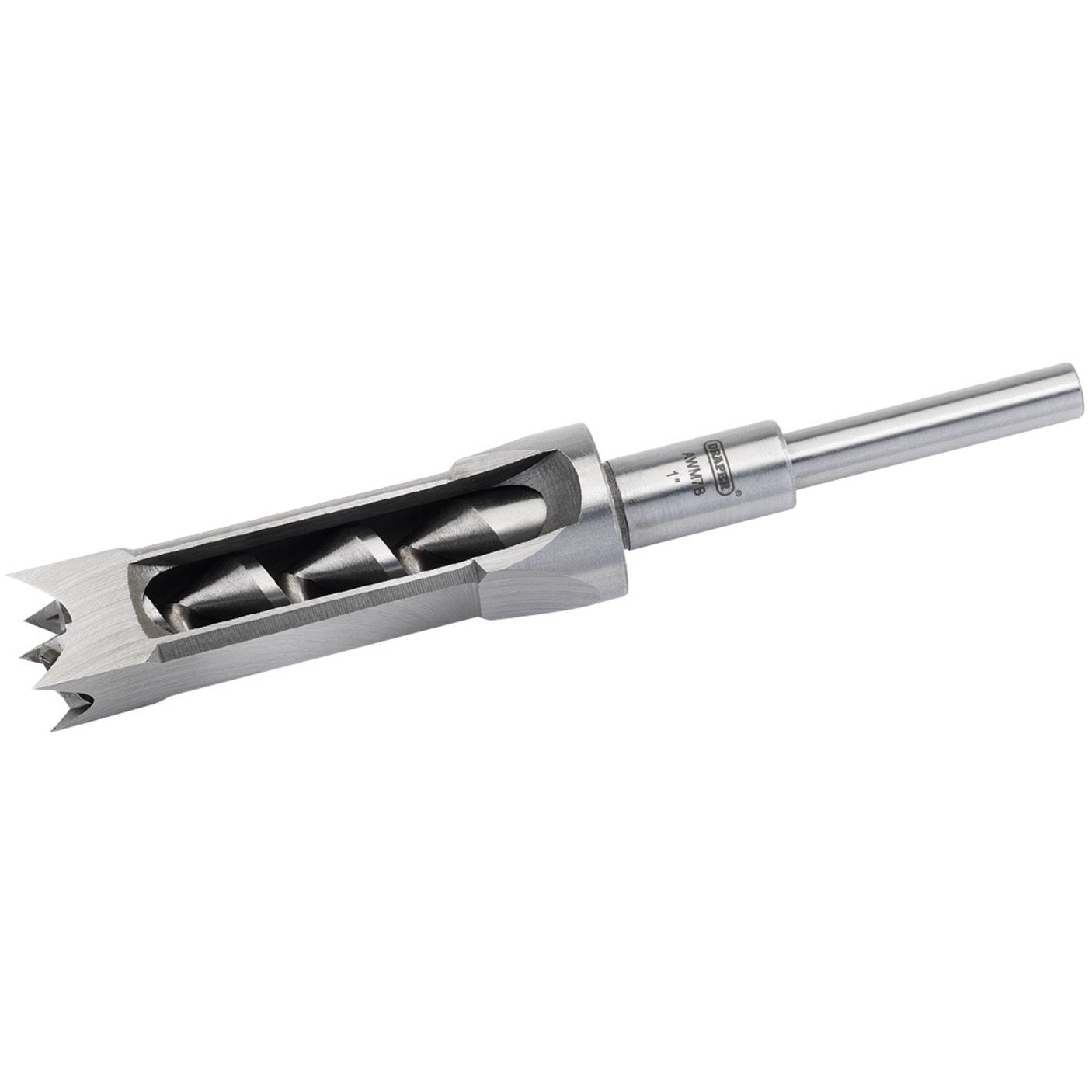 The Draper Mortice Chisel And Bit, 1", 19mm - AWM7B, is a high carbon steel woodworking tool featuring a polished silver finish, sharp triangular end, honed cutting edges, and an internal spiral drill designed to create square holes with precision.