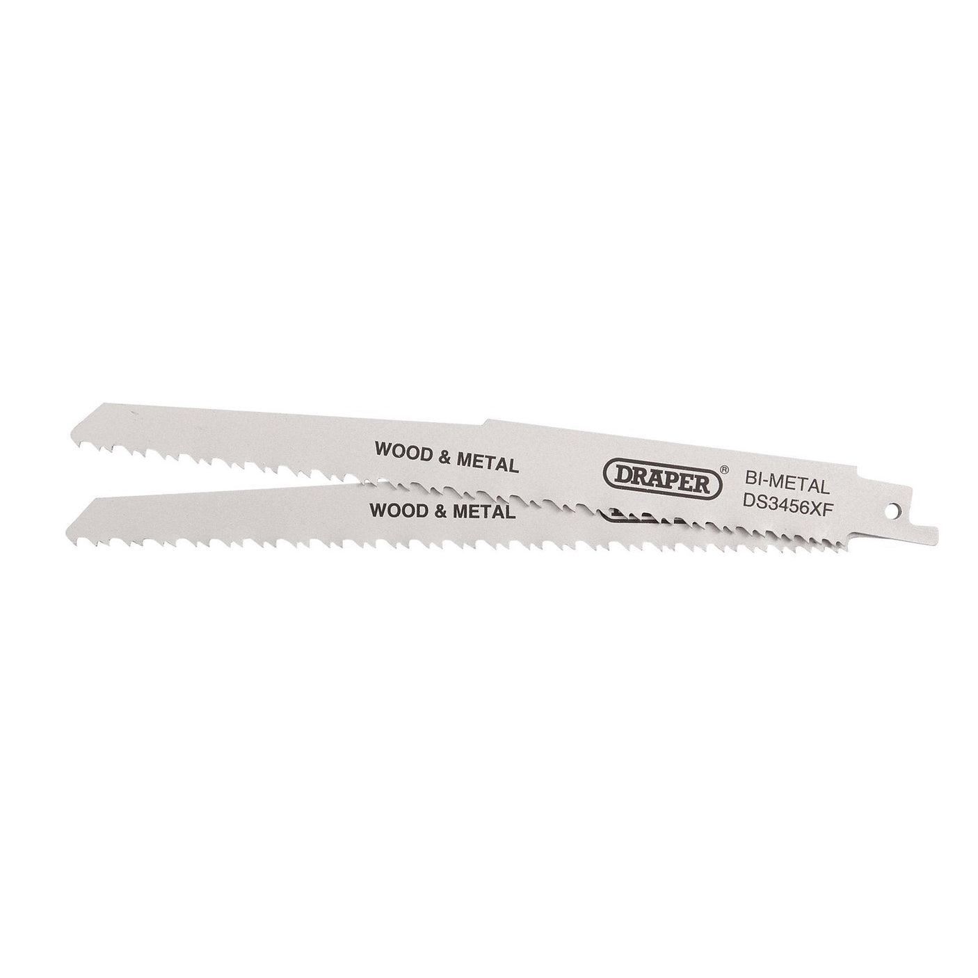 Two Draper Bi-Metal Reciprocating Saw Blades for Multi-Purpose Cutting, measuring 200mm and featuring a 6-12 TPI range, are designed for cutting wood and metal. Marked with "WOOD & METAL" and model number DS3456XF, these blades are also compatible with Bosch S3456XF, making them ideal for sheet metal cutting and diverse projects.