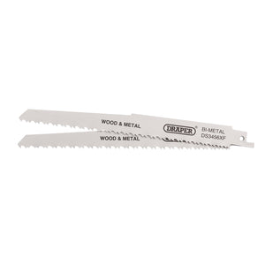 Two Draper Bi-Metal Reciprocating Saw Blades for Multi-Purpose Cutting, measuring 200mm and featuring a 6-12 TPI range, are designed for cutting wood and metal. Marked with "WOOD & METAL" and model number DS3456XF, these blades are also compatible with Bosch S3456XF, making them ideal for sheet metal cutting and diverse projects.