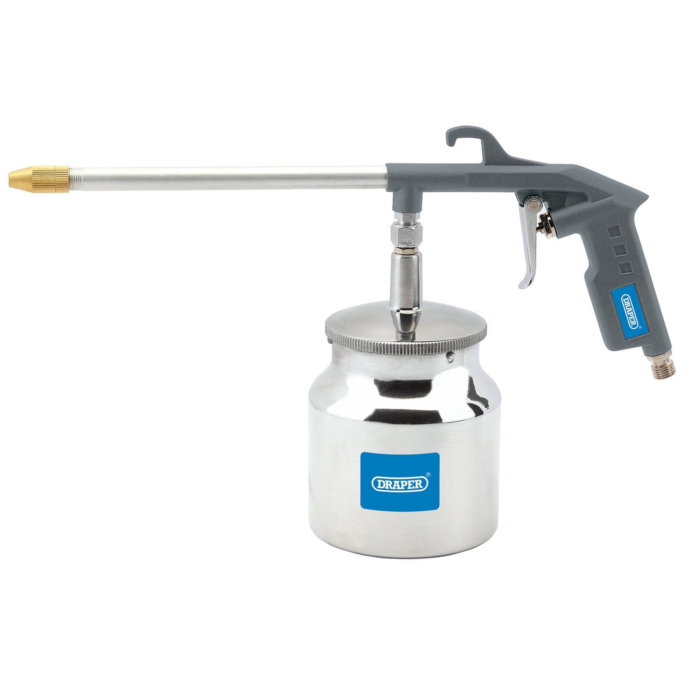 A Draper Air Paraffin/Washing Gun, 750ml - 4287A, featuring a metal body with an attached pressurized canister and a long, adjustable nozzle.