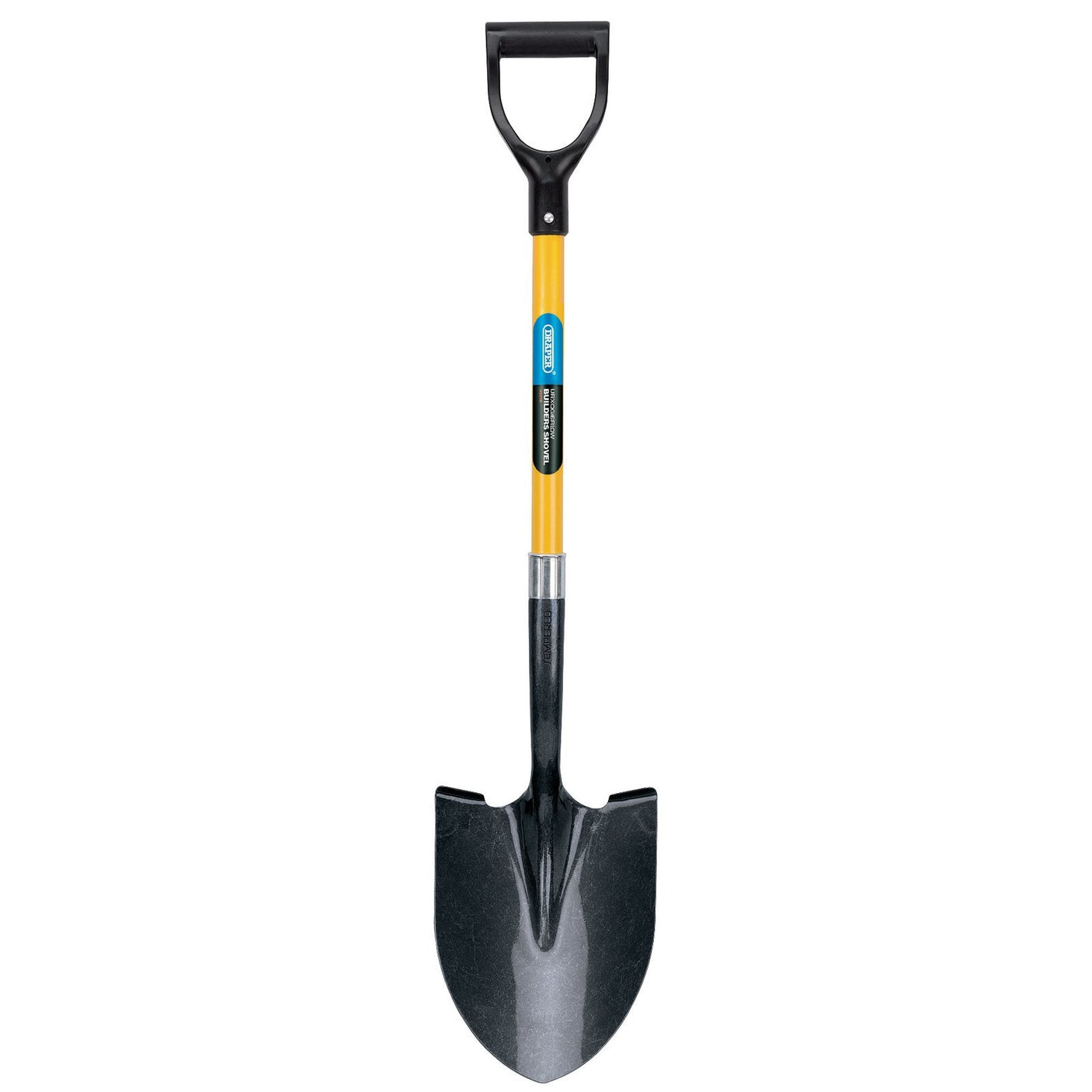 A Draper Round Point Builders Shovel with a fibreglass shaft, Y-dee shaped handle, black D-grip, and pressed mild steel curved blade.