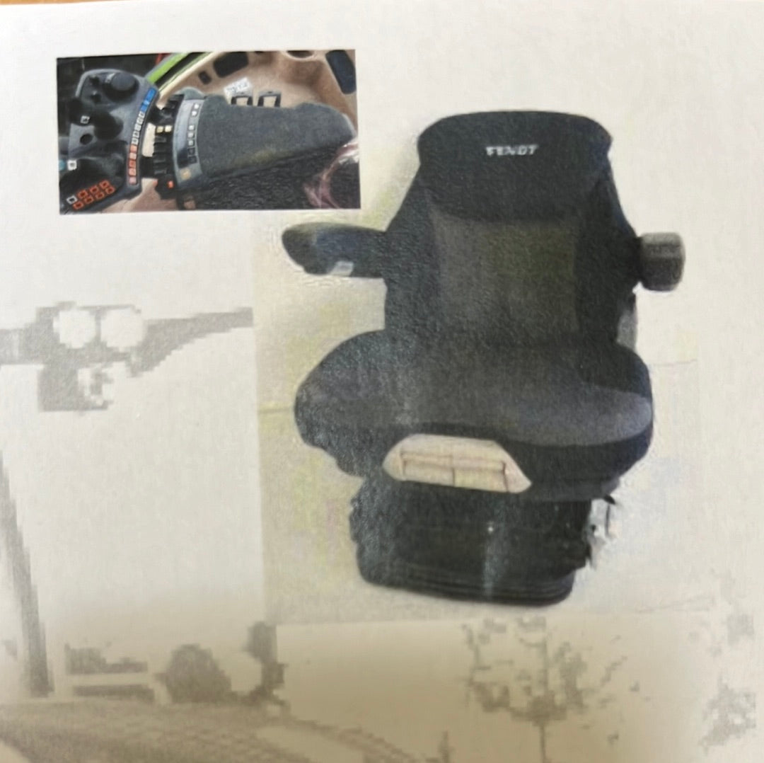 An image of the AGCO Fendt Gen7 Gen6 Gen4 Gen3 seat cover and armrest cover, ideal for Fendt tractors. The black seat features a color digital display and armrests. In the upper left corner is a close-up of the control panel displaying various buttons and a counter reading 24388.5.