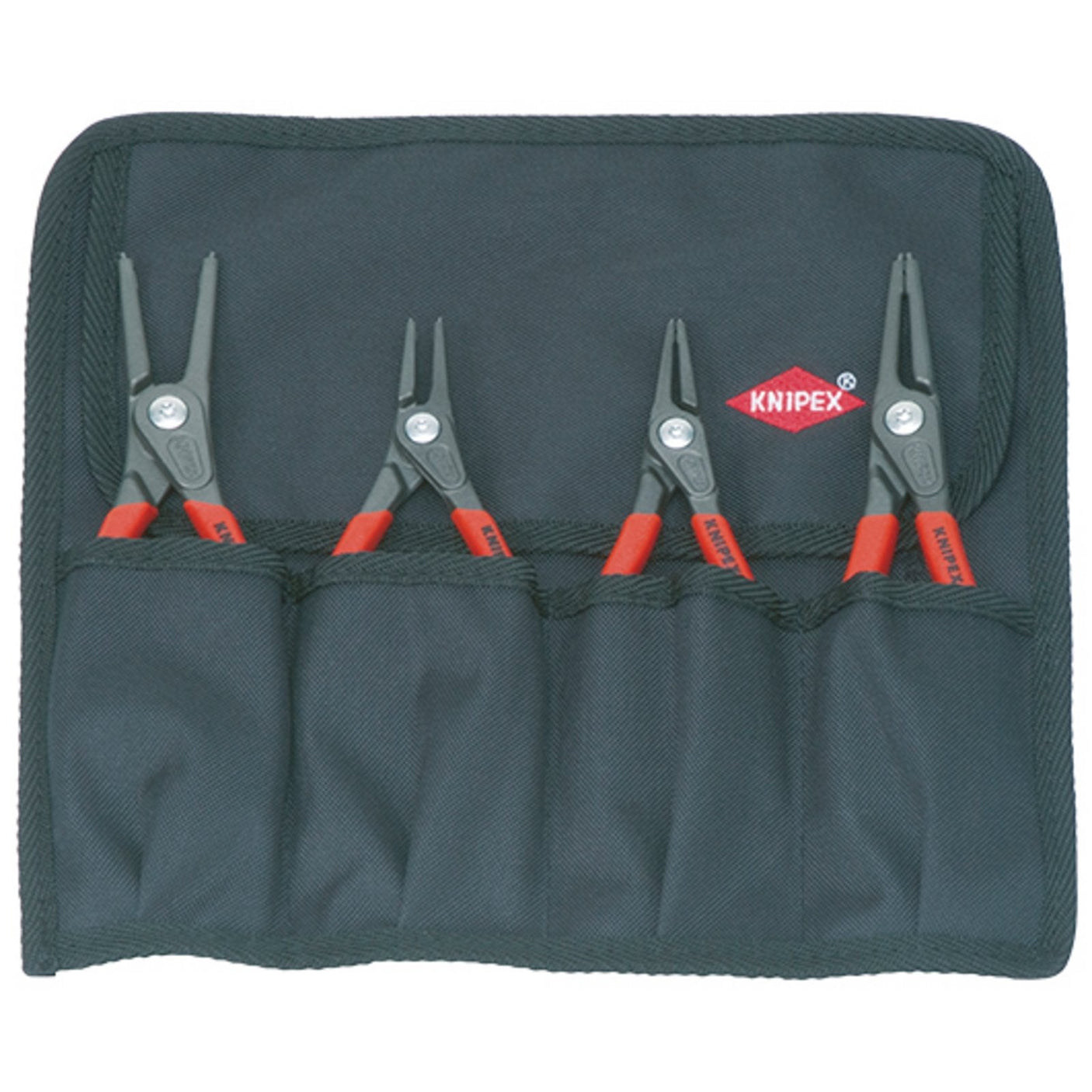 The Draper Knipex 00 19 57 Precision Circlip Plier Set (4 Piece) features four red-handled pliers, each varying in size, neatly arranged in a black fabric holder with individual pockets.